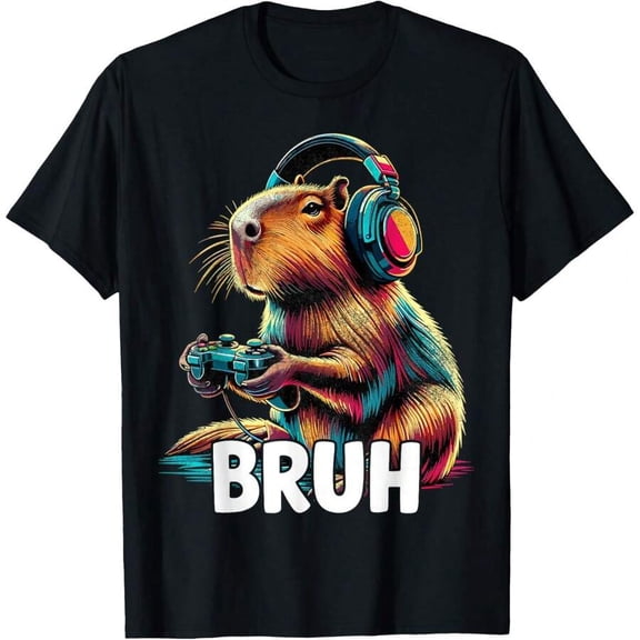 【New Arrival】Bruh Gaming Capybara Headset Controller Neon Graphic T-Shirt, Gamer Animal Lover Casual Short Sleeve Tee