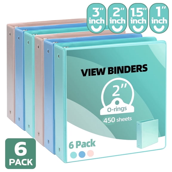 Deli 3 Ring Binders,2" Economy Round Ring View Binders with 2 Interior Pockets for Office, Home, and School Use, 450 Sheets, 6-Pack (Mixed Color)
