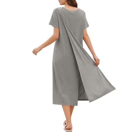 SAFUNY Women s Square Neck Short Sleeve Full Maxi Dress Pullover Lightweight Wedding Guest Evening Vacation Dress Gray XL