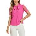 thumbnail image 2 of INSPIRE CHIC Women's Bow Tie Neck V Neck Stand Collar Short Mesh Sleeve Blouse S Hot Pink, 2 of 6