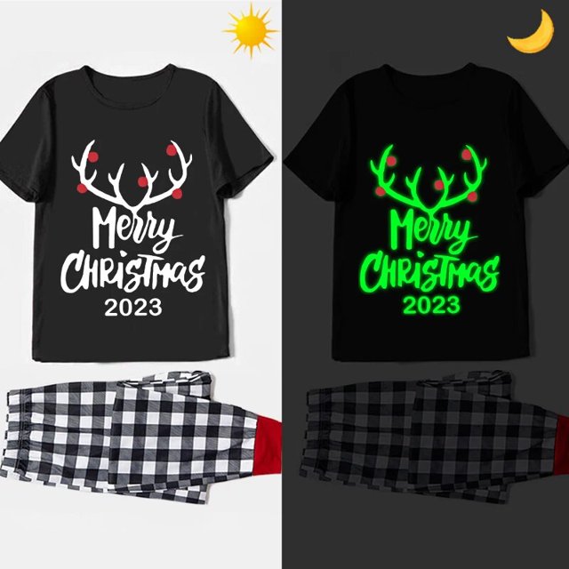 Pijamas familiares a juego de Navidad, conjunto de Pijamas cortos negros brillantes, Feliz Navidad, 2023