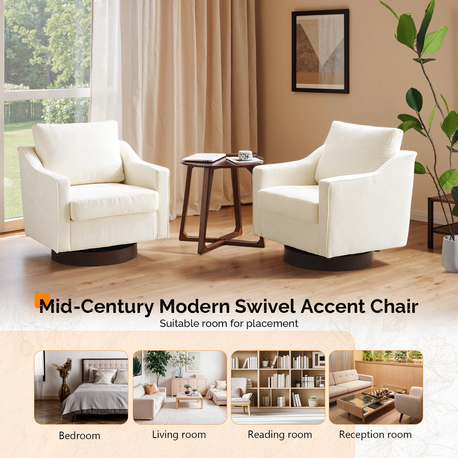 Ktaxon 360° Swivel Accent Chair Soft Chenille Fabric Arm Chair High Resilience Cushion Ideal for Living Room  Bedroom Furniture Off White