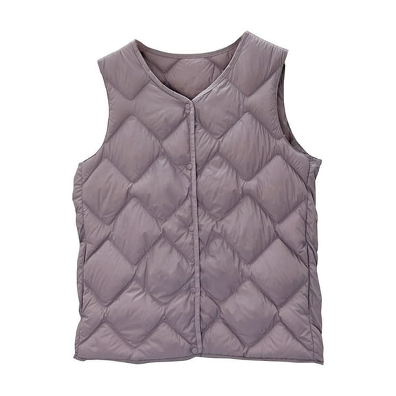 Thin Puffer Vest for Women Sleeveless Button Down Solid Padded Crewneck Cardigan Jacket with Pockets Purple L