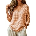 thumbnail image 4 of LEKWK Gingham Tops for Women Long Sleeve V Neck Plaid Tunic Top Casual Loose Fit Lightweight Shirt Fall Fashion Boho Dressy Vacation Outfits, 4 of 8