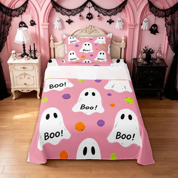 Feelyou Cartoon Ghost Boo Twin Sheets, Cute Polka Dot Bedding, Pink White, 3 Pieces, 1 Flat Sheet, 1 Fitted Sheet and 1 Pillowcase