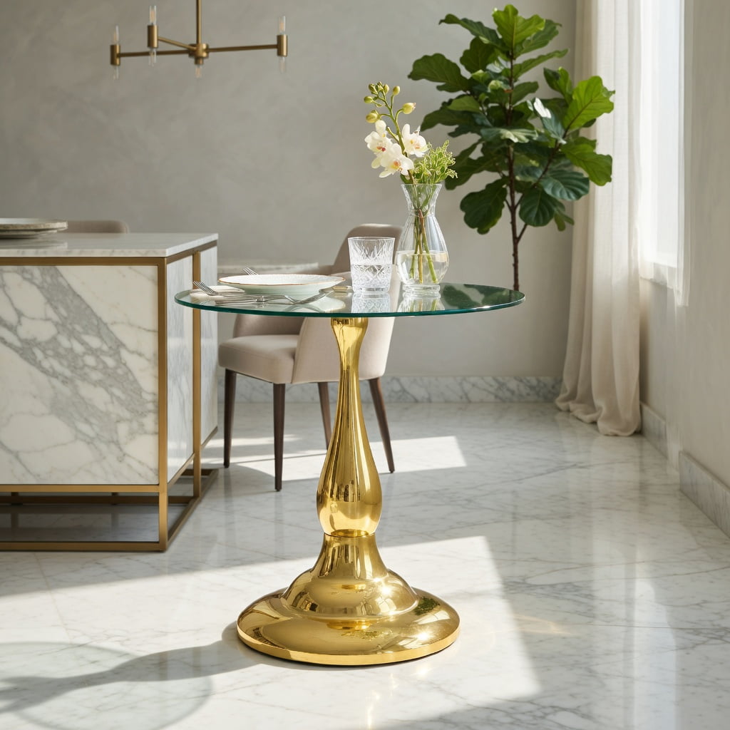 Hommoo Modern Metal Side Table with Tempered Glass Top, 20.3 in Height, Round 19.6 in Diameter, Indoor & Outdoor Use, Gold