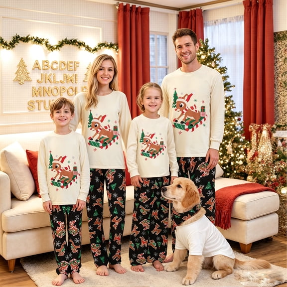 AIGUR Family Matching Christmas Pajamas Set with Dog Outfit, Cute Sleigh Reindeer Print Long Sleeve Tops All Over Deer Pattern Pants Holiday Sleepwear Loungewear for Men Women