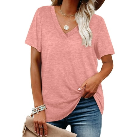 

Womens T Shirts V Neck Short Sleeve Summer Tops Loose Fit 2xl F96027