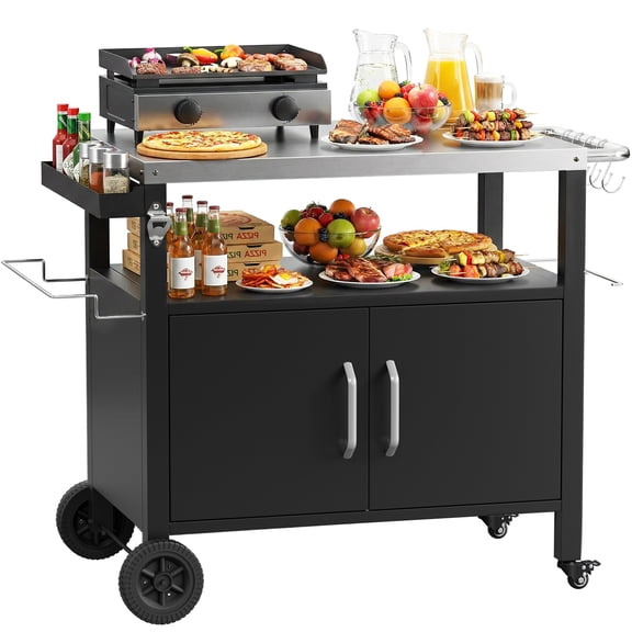 TLGREEN Outdoor Grill Cart with Storage Cabinet, Outdoor Kitchen Island, 2 Lockable Wheels and 4 Hooks for BBQ Food Prep & Outside Dining