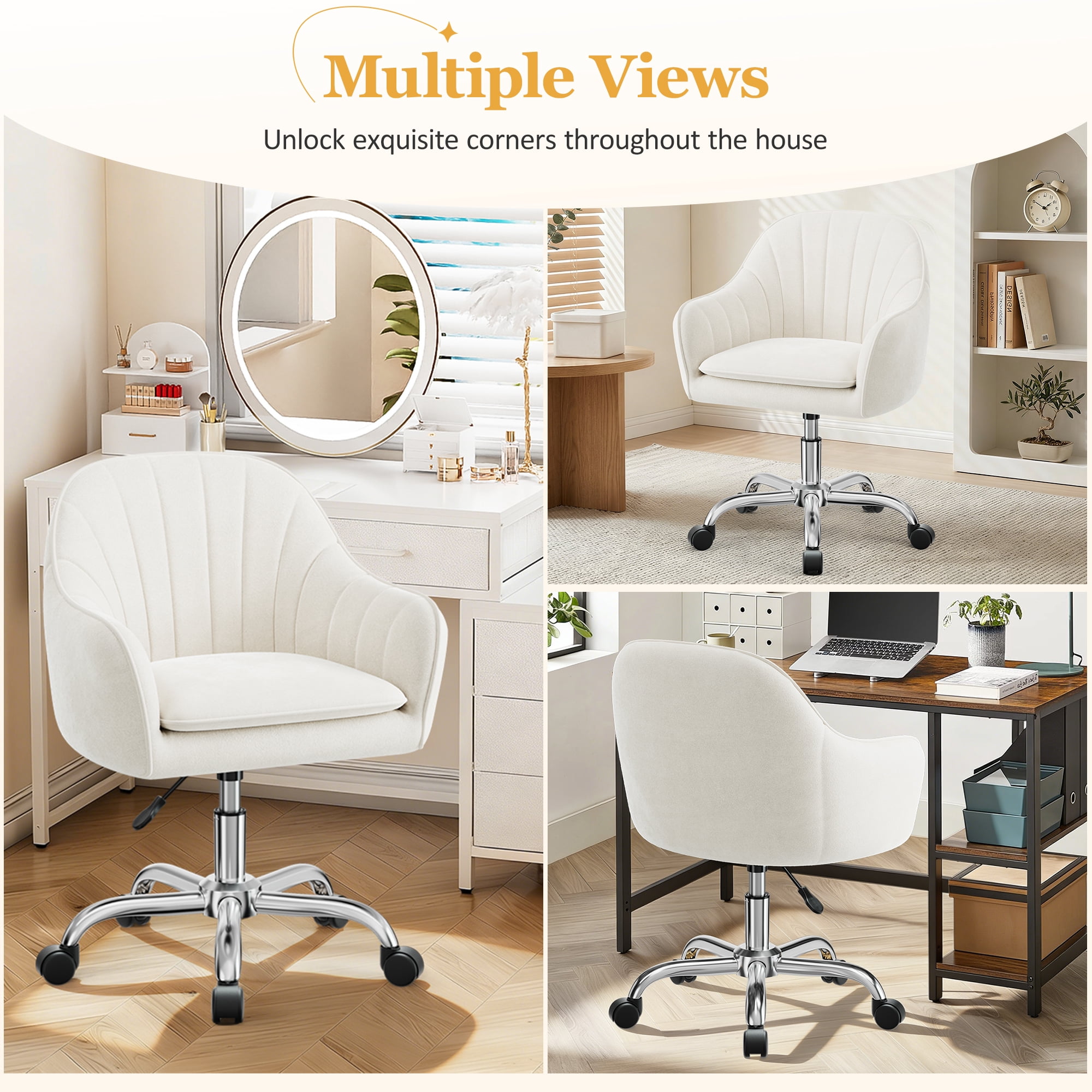 COOLHUT Office Desk Chair with Padded, Velvet Vanity Chair with Back and Wheels, Home Office Chiar with Sliver Legs, Height Adjustable, Rolling Chair for Vanity Room, Makeup Room, Bedroom, Beige