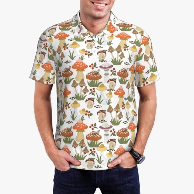Fotbe Mushrooms Camiseta Polo de Golf para Hombre con Estampado – Camisa Deportiva Transpirable con Cuello Abotonado-Large