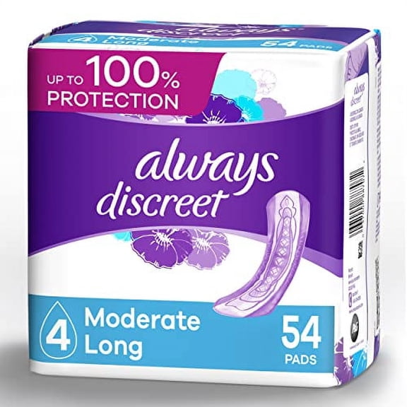 Always Discreet Moderate Long Incontinence Pads, Up to 100% Leak-Free Protection, 54 Count (Packaging May Vary)