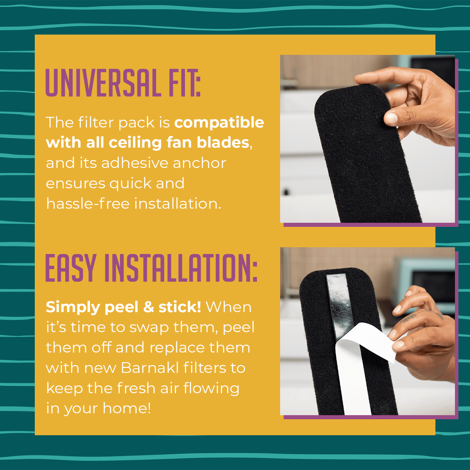 Barnakl Ceiling Fan Filters | Unscented Activated Coconut Shell Carbon Filter | Easy-Stick Ceiling Fan Air Filters | Universal Ceiling Fan Blade Filters for Common Household Contaminants, (5-Count)