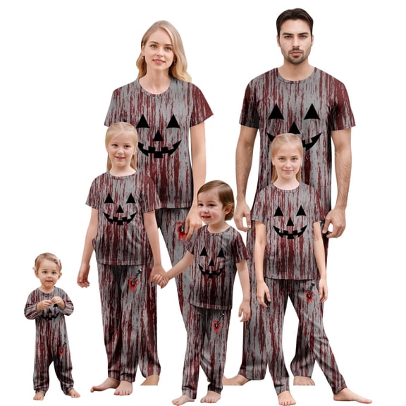 Family Pajamas Matching Sets - 2 piece Halloween Spooky Face Print Short Sleeved Top Pants Loungewear Set, Matching Halloween Pjs for Family Halloween Nights for 12 Months Pjs