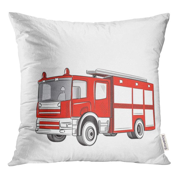 RYLABLUE Rouge Dessin Animé Camion de Pompiers Camion de Pompiers Dessin Croquis de Sécurité Moteur Taie d'Oreiller Housse de Coussin