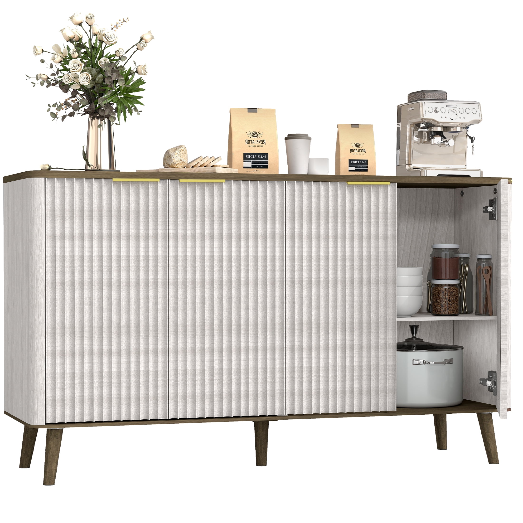 TrumanPick Fluted Sideboard Buffet Cabinet with Adjustable Shelves, Mid-Century Modern 4-Door Credenza for Dining Room Kitchen Living Room, Beige&Walnut 47.5" W x 16" D x 34" H