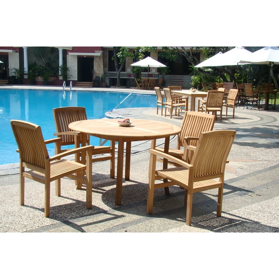 Teak Dining Set:4 Seater 5 Pc - 52" Round Table And 4 Wave Stacking Arm Chairs Outdoor Patio Grade-A Teak Wood WholesaleTeak #WMDSWV3