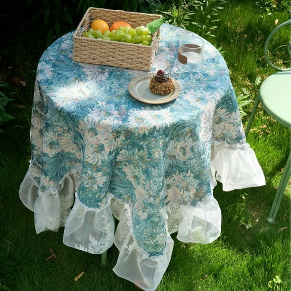 French Country Tablecloth - Cream Jacquard Hyacinth Floral Square with Lace Trim, Washable Dining Table Cover for Farmhouse Decor