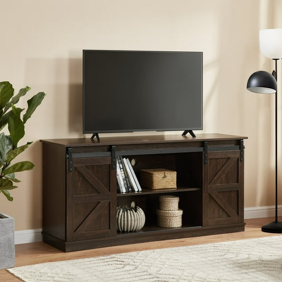 AENKYO Farmhouse TV Stand for TVs up to 65", Sliding Barn Doors, Adjustable Shelves, Cable Management, Espresso