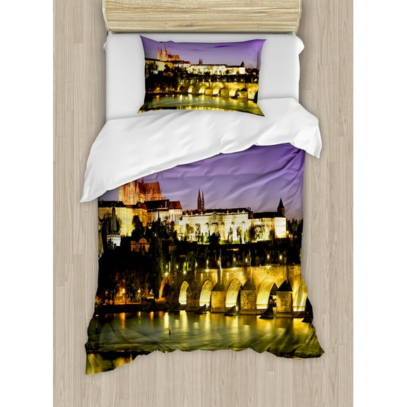 Travel Duvet Cover Set, Charles Bridge Prague Czech Republic European Famous Landmark Castle View, Decorative 2 Piece Bedding Set with 1 Pillow Shams, Twin Size, Purple Yellow Brown, by Ambesonne