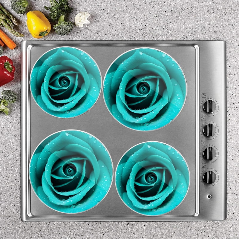Bahomeck Electric Stove Burner Covers Set Of 4,Beautiful Turquoise Rose With Water Droplets On The Petals Metal Gas Stove Burner Covers,Protecting Gas Stoves,8 Inch And 10 Inch