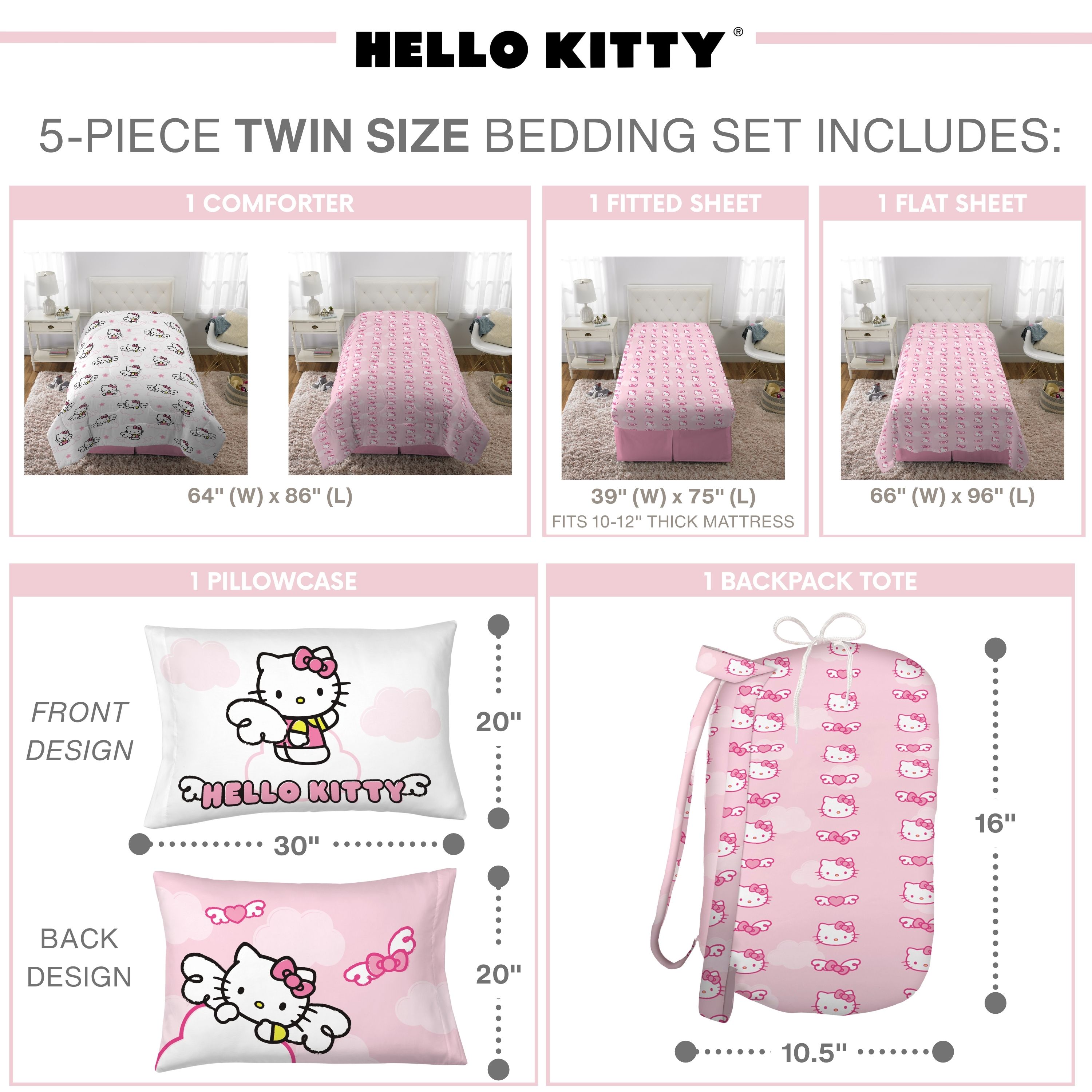 Hello Kitty Kids 5 Piece Reversible Comforter, Bed in a Bag, Twin