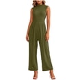 thumbnail image 3 of Women's Soft Fabric Straight Leg Jumpsuit with Pockets, Mid Elastic Waist Back Zipper Solid Color, Casual Loose Fit One Piece, Lounge Outdoor Travel Work, Womens | VerBelle,Army Green L, 3 of 8
