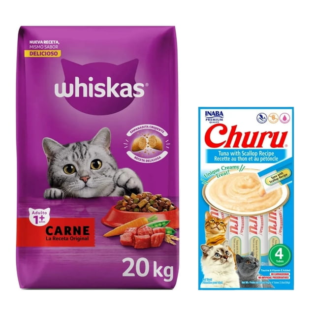 Whiskas Original Carne 20 kg + Churu Atún con Vieira Sobre con 4 Tubos de 14 g