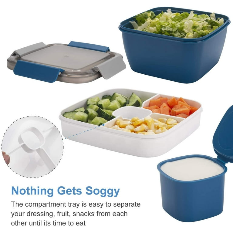 Portable Salad Lunch Container - 38 Oz Salad Bowl - 2 Compartments