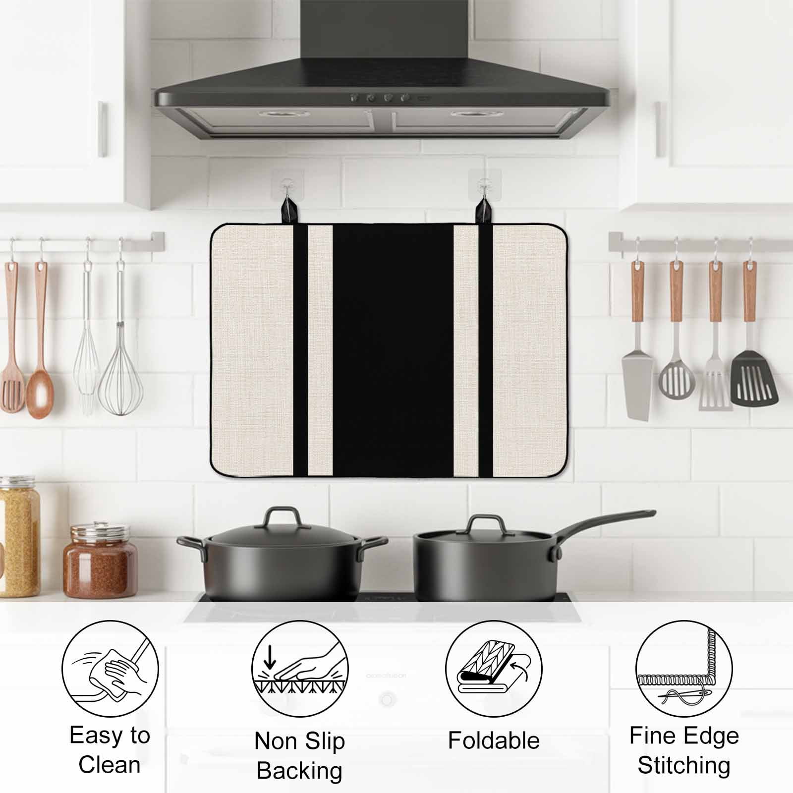Black Vintage Stove Top Cover for Electric Stove, Heat-proof & Non Slip Glass Top Stove Cover Protector, Geometric Stripes Simple Lines Kitchen Flat Cooktop Rubber Mat 24x21 Inches