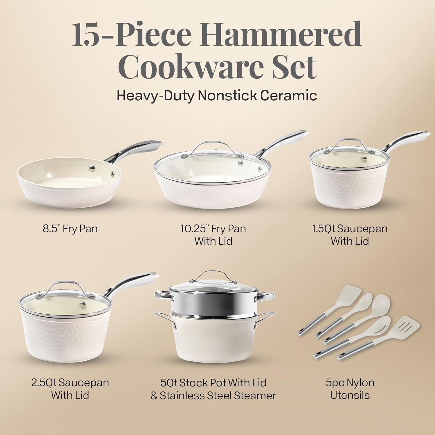 Gotham Steel Hammered 15 Pc Ceramic Pots and Pans Set Non stick, Ceramic Cookware Set with Utensils, Pots and Pans for Cooking, Non Toxic Pot and Pan Set, Kitchen Set, Oven/Dishwasher Safe, Cream