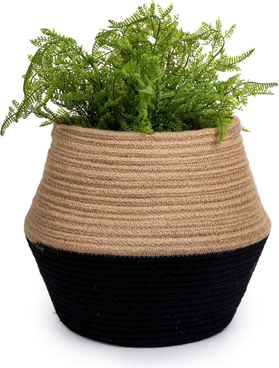 Truu Design Beautiful Woven Natural Jute Rope Planter Basket with Black Bottom, 9.8 x 12.6 inches, Neutral