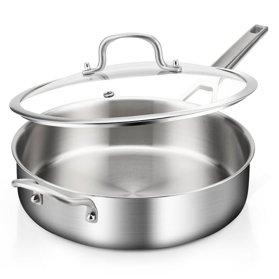 DELARLO 12-Inch Saute Pan with Lid, 5QT Tri-Ply Stainless Steel Deep Frying Pan