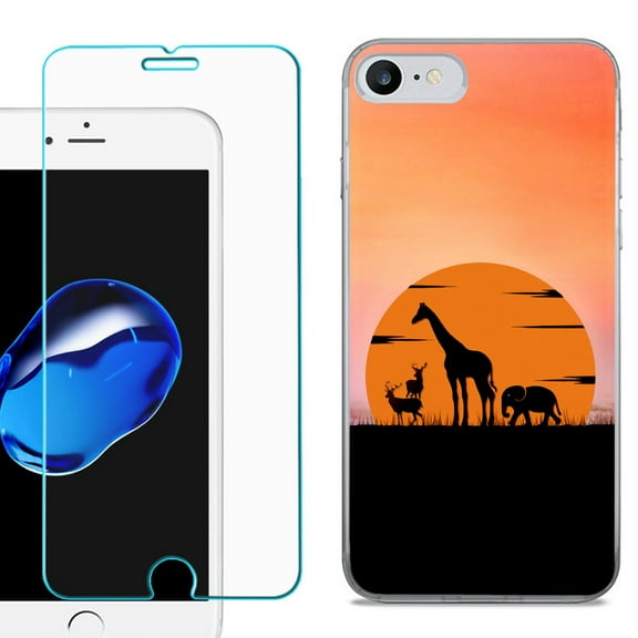For Apple iPhone 7 / iPhone 8 Case, Slim-Fit TPU Phone Case, with Tempered Glass Screen Protector, by OneToughShield ® - Sunset Safari
