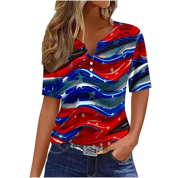 4th of July Shirts Women Button Henley V Neck Tshirts American Flag Stars Stripes Graphic Tee Short Sleeve Summer Tops Dressy Casual Tunic Memorial Day Patriotic T Shirt Independence Day Outfits