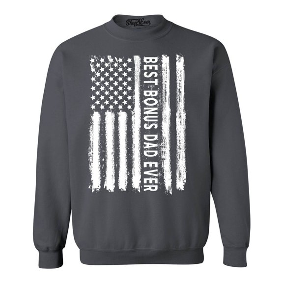 Shop4Ever Men's Best Bonus Dad Ever American Flag Patriotic Crewneck Sweatshirt XXX-Large Charcoal