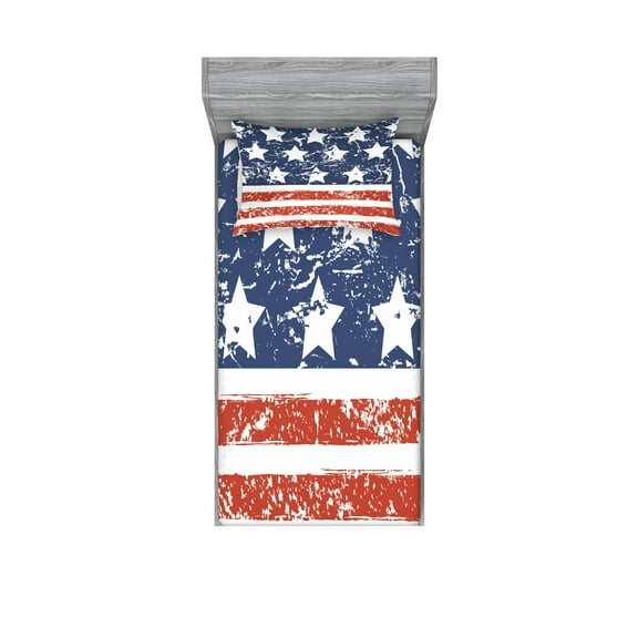 America Fitted Sheet & Pillow Sham Set, Fourth of July Theme Flag of United States of America with Grunge Effect, Decorative Printed 4 Piece Bedding Decor Set, Twin, Red Blue and White, by Ambesonne