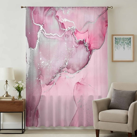 Marble Pink Sheer Curtains 84 Inches Long, Modern Abstract Ink Painting Luxury Light Filering Curtains, Breathable Simi Curtain Privacy Drapes for Living Room Bedroom Lightweight Window Treatment