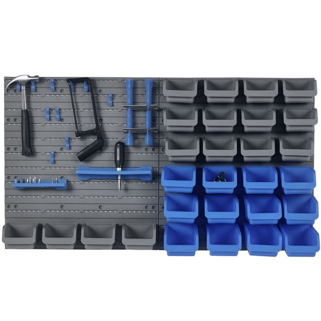 Blue 44-Piece Wall Mounted Tool Organizer with Bins & Hooks - Garage & Workshop Storage Rack - Adjustable Parts Rack Kit - 21.3" x 8.8" x 37.5"