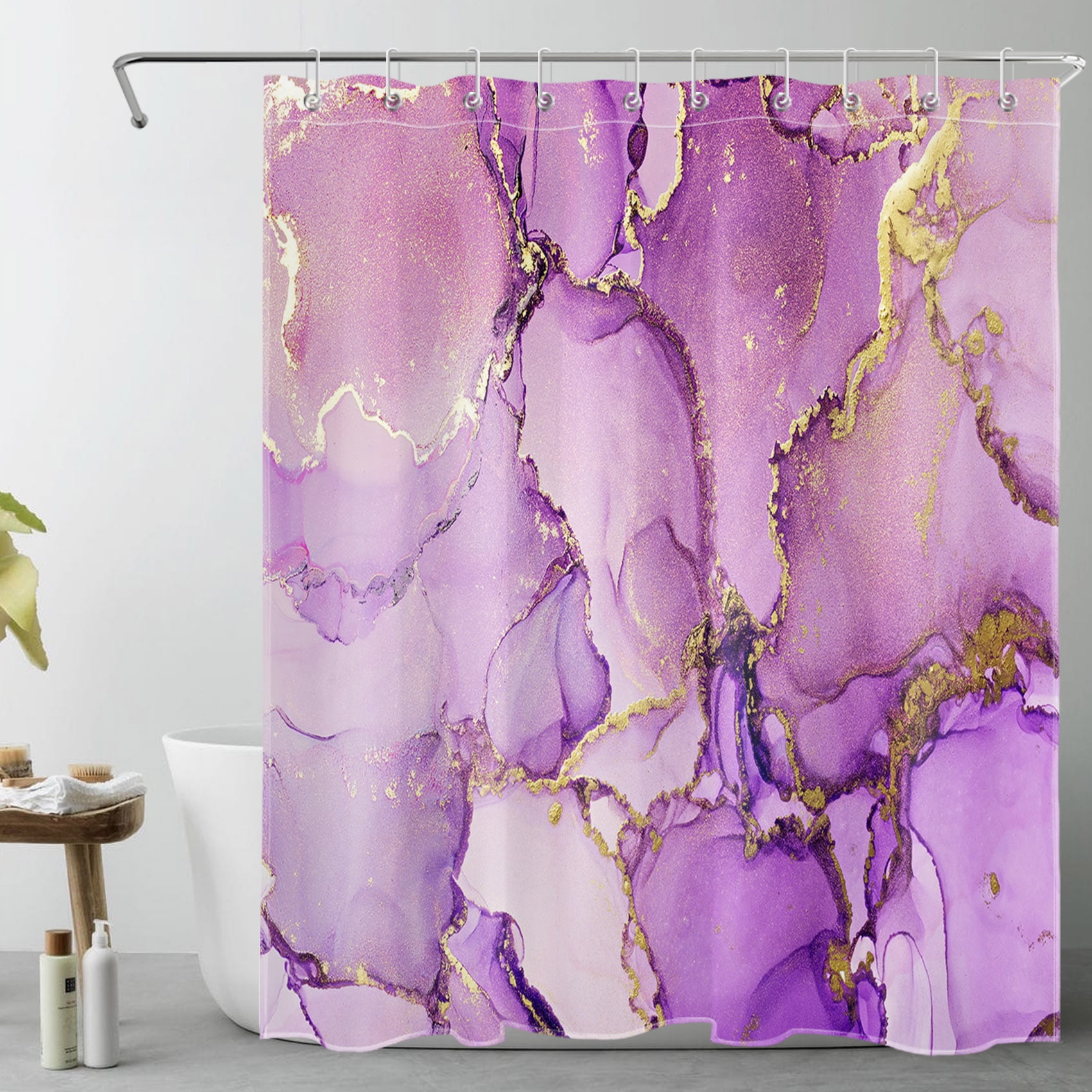 HVEST Abstract Marble Shower Curtain Decor, Gold and Purple Marble