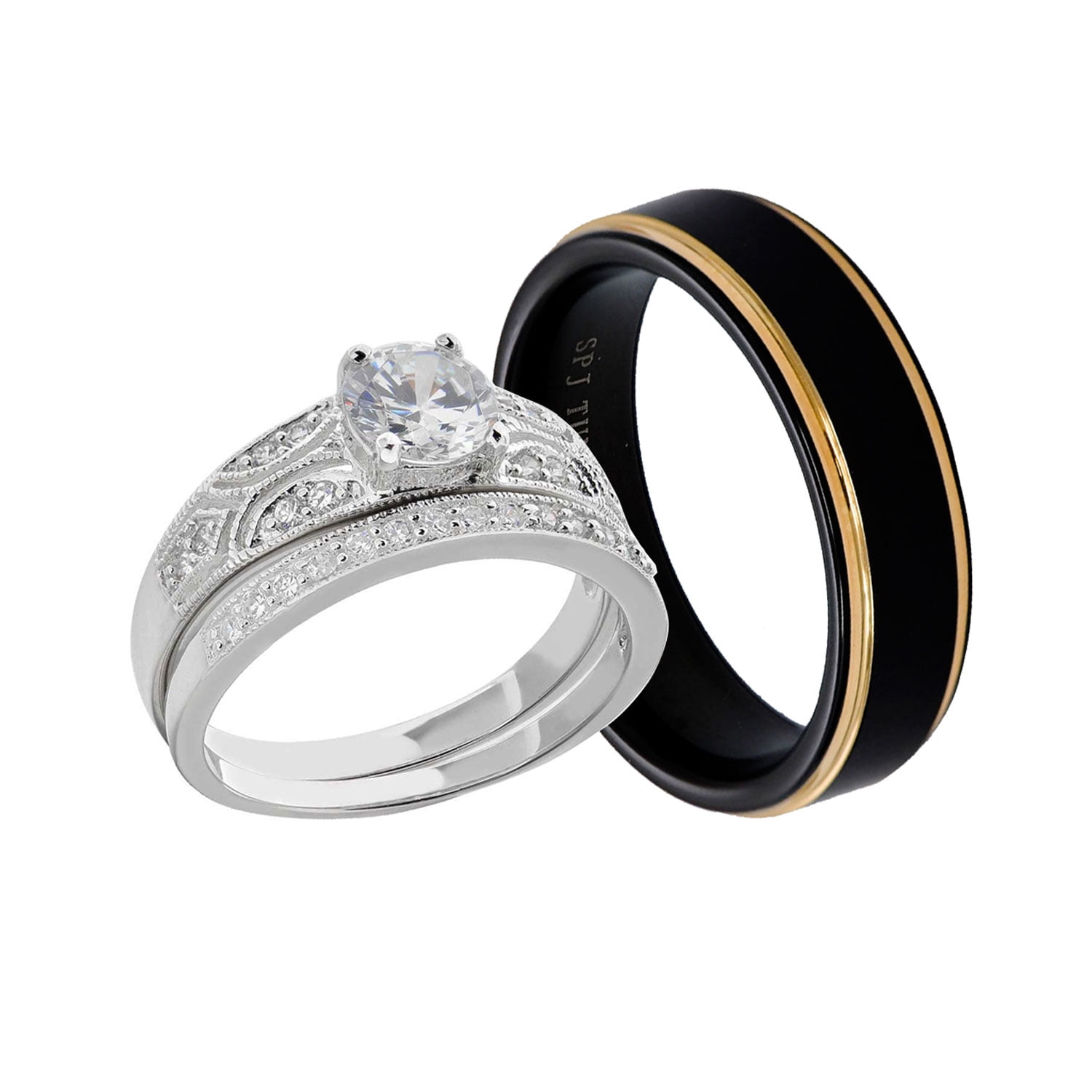 His & Hers Black Stainless Steel Clear Round CZ Wedding Ring Set Tungsten Men OT 