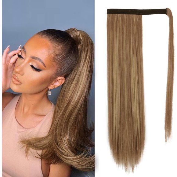 shiyou-Brown Highlight Straight Ponytail Extension - 26 Inch Long Straight Wrap Around Ponytail for Women Clip in Ponytail Hair Extensions Synthetic Hair Pony Tails Hairpieces Daily
