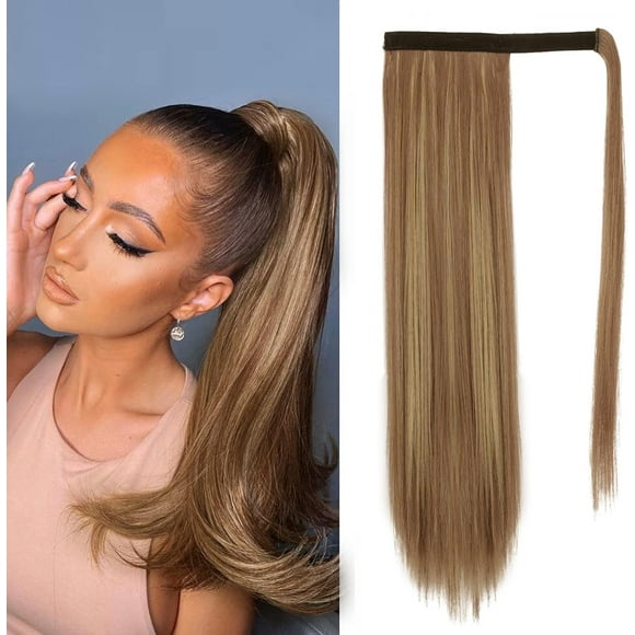 shiyou-Brown Highlight Straight Ponytail Extension - 26 Inch Long Straight Wrap Around Ponytail for Women Clip in Ponytail Hair Extensions Synthetic Hair Pony Tails Hairpieces Daily