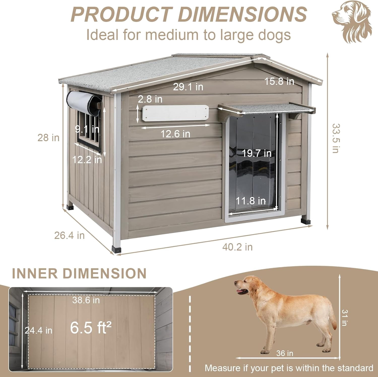 Gowoodhut Outdoor Dog House with Chew-Proof Iron Frame, Wooden Dog Kennel Weatherproof for Large and Medium Dog, 40.2" L x 26.4" W x 33.5" H