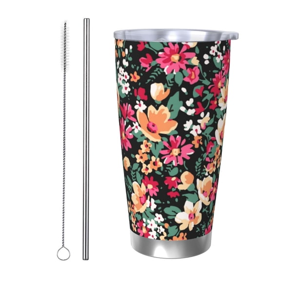 Logiee Many Kind Of Flowers Print 20OZ Car Cup with Lid, Stainless Steel Vacuum Insulated Double Wall Travel Tumbler, Durable Insulated Coffee Mug,Thermal Cup with Straw-Straw Two-piece Set