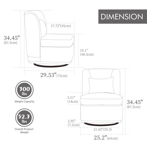 BSHTI 25.2" Wide Modern Chenille Cushioned Armless Metal Base 360°Swivel Chair with Pillow,Suitable for Living Room,Family Room,Bedroom,Lounge Area,Office.Beige