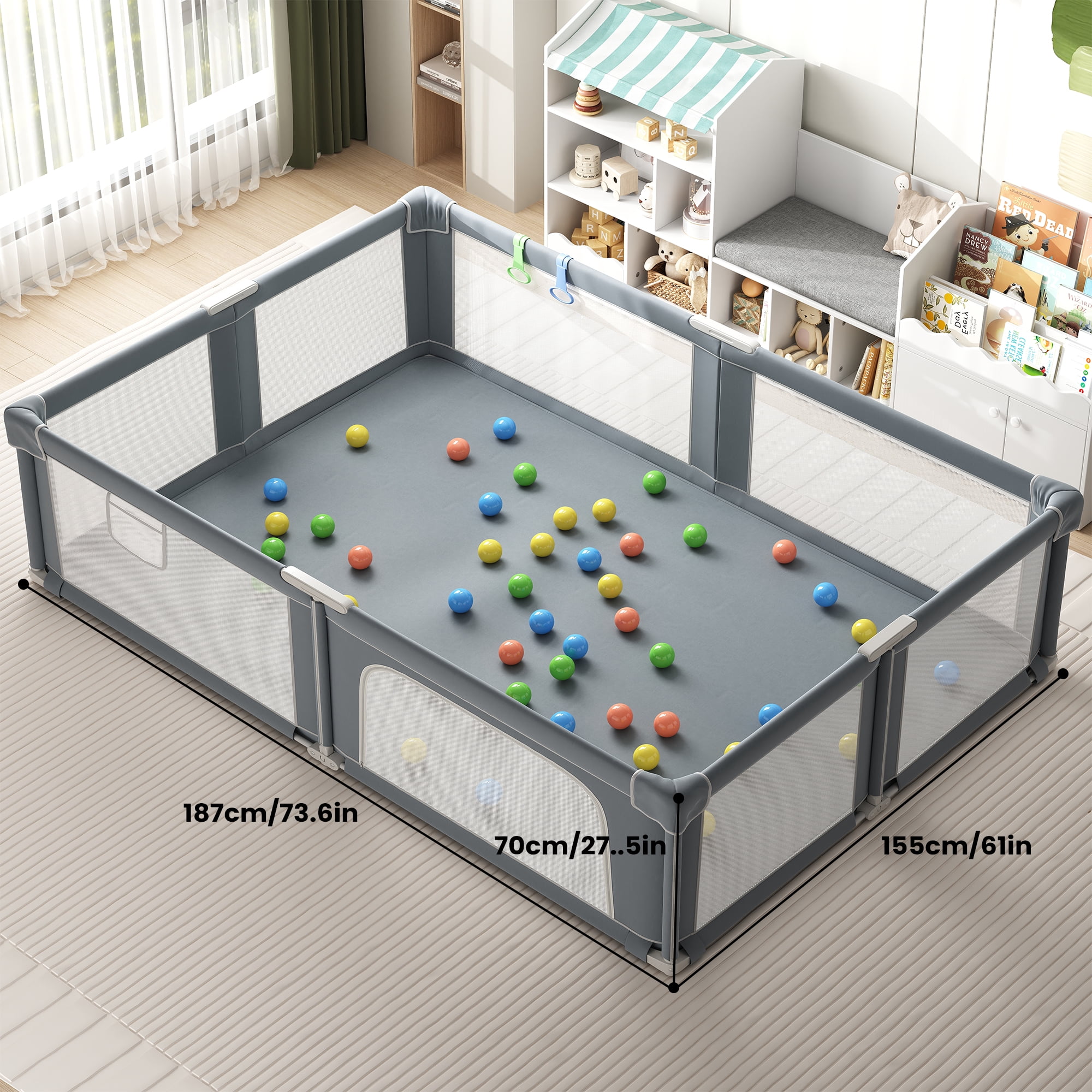 73“×61” Baby Playpen with Mat, Extra Large Baby PlayYards,Child Play Yard with Breathable Mesh for Indoor&Outdoor, Deep Gray
