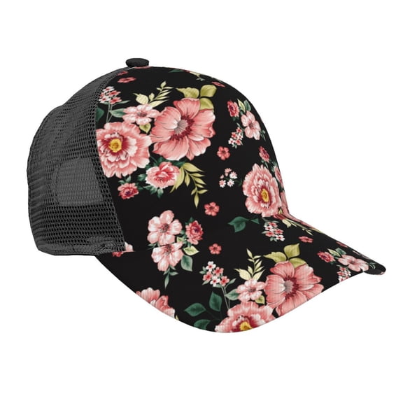 Lsque Rose Flowers Printed Trucker Hat - Baseball Cap for Men Women - Breathable Mesh Side, Adjustable Fit - for Casual Wear