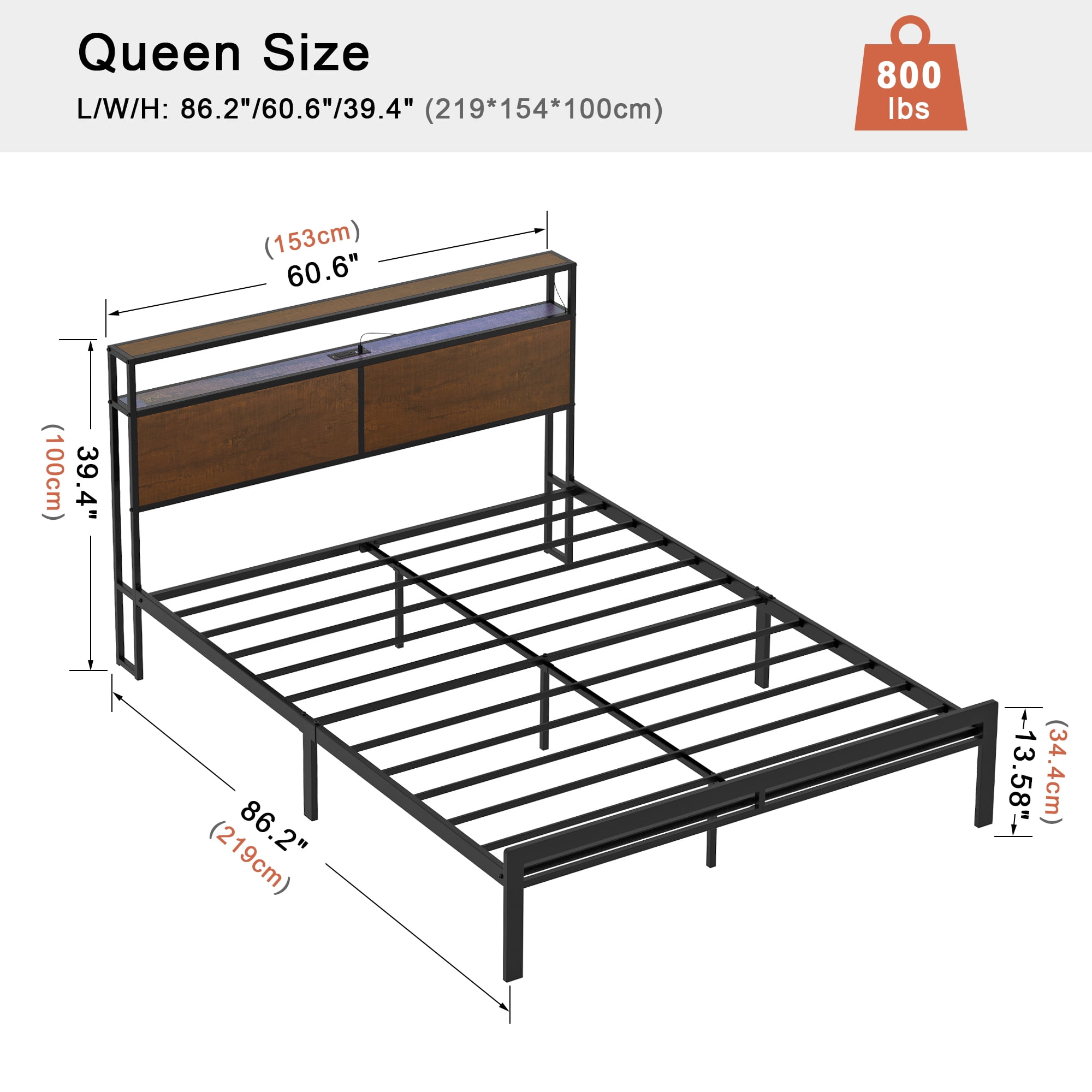 GUNAITO Queen Bed Frame with Headboard Metal Platform Bed with LED Lights and Charging Station, Rustic Brown