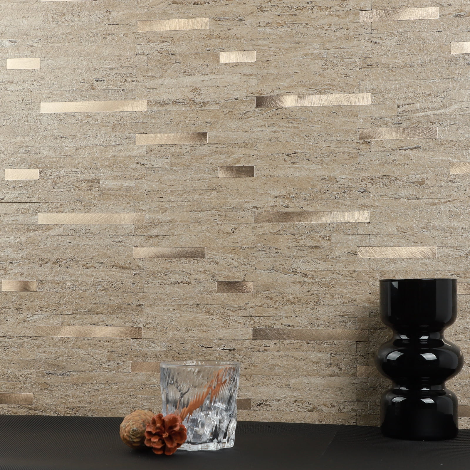 12-Sheet Peel and Stick Backsplash Stone Tile, Self Adhesive Faux Travertine Realistic Stone & Metal Mosaic Wall Tiles for Kitchen Bathroom(5.7 sq.ft)